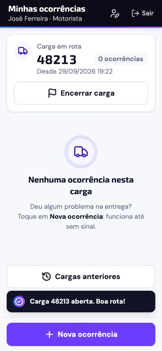 App do motorista com a carga em rota