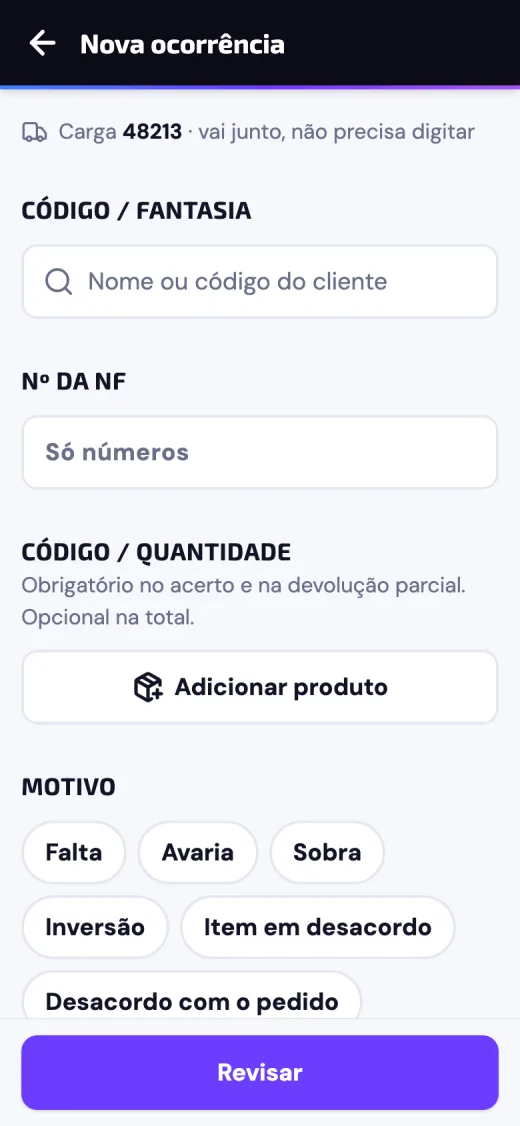 App do motorista: nova ocorrência