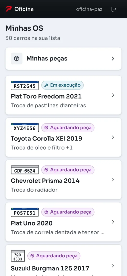 App do mecânico no celular, com as ordens de serviço dele