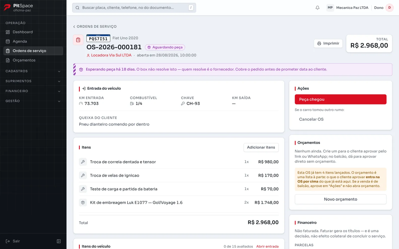 Ficha de uma ordem de serviço